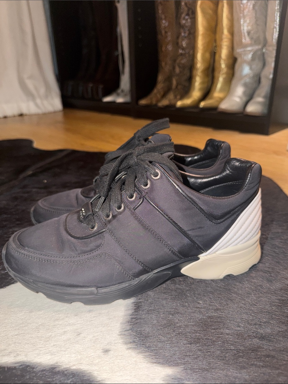 CHANEL 2017 Interlocking CC Logo Athletic Black Nylon with Leather Trim Sneakers - Picture 5 of 11